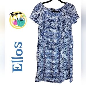 Ellos Womens Tropical Floral Beachy Summertime Dress Sz 16 Blue-White Pull Over